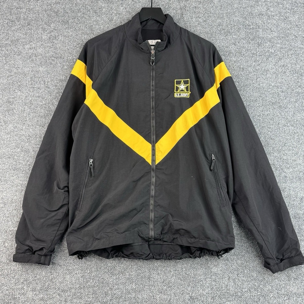 US Army APFU Jacket Mens L Long Black Yellow PT Fitness Military Windbreaker